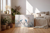 Sinus Art Wandbild 120x80cm Detailreiches Naturmotiv mit zwei blauen Vögeln auf blühendem Ast – filigran und stimmungsvoll gestaltet