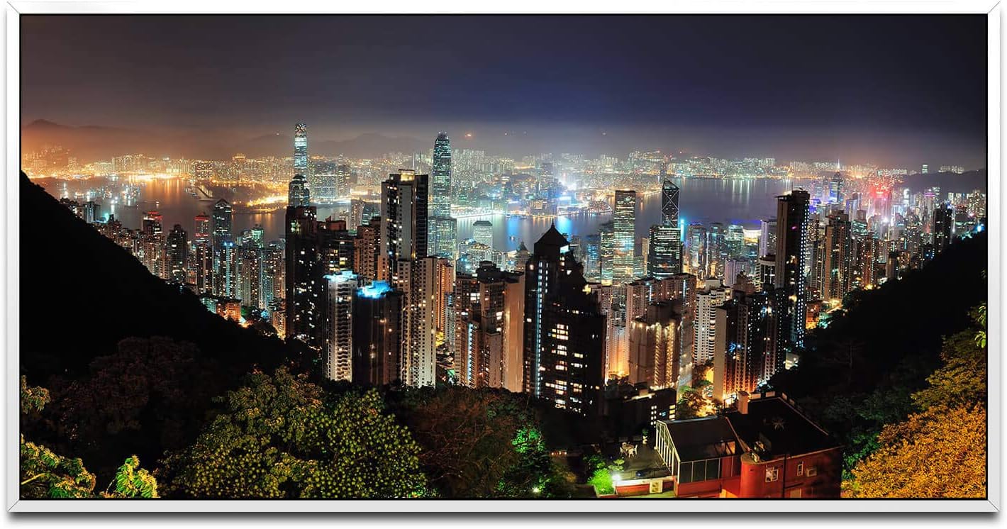 Hong Kong Wolkenkratzer Skyline ca. 130x70cm Wandbild inklusive Schattenfugenrahmen weiss - Panorama Leinwand Bild XXL Format Wandbilder Wohnzimmer Wohnung Deko Kunstdrucke