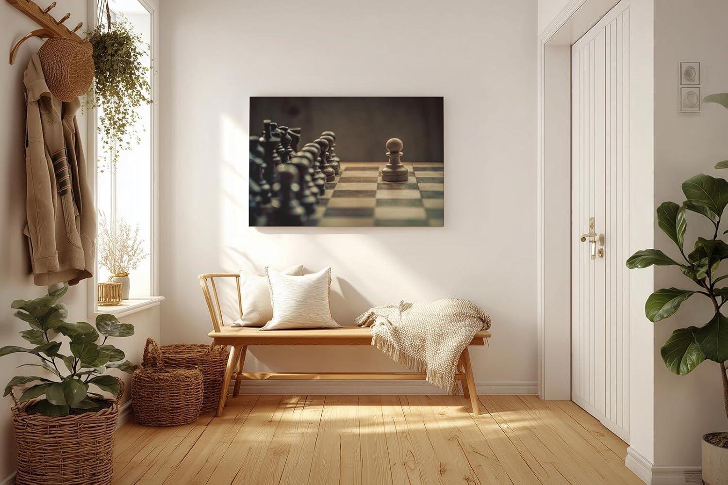 Sinus Art Wandbild 120x80cm Ausdrucksstarke Schachszene mit Fokus auf den einzelnen Bauern als Symbol für Mut und Entscheidungskraft