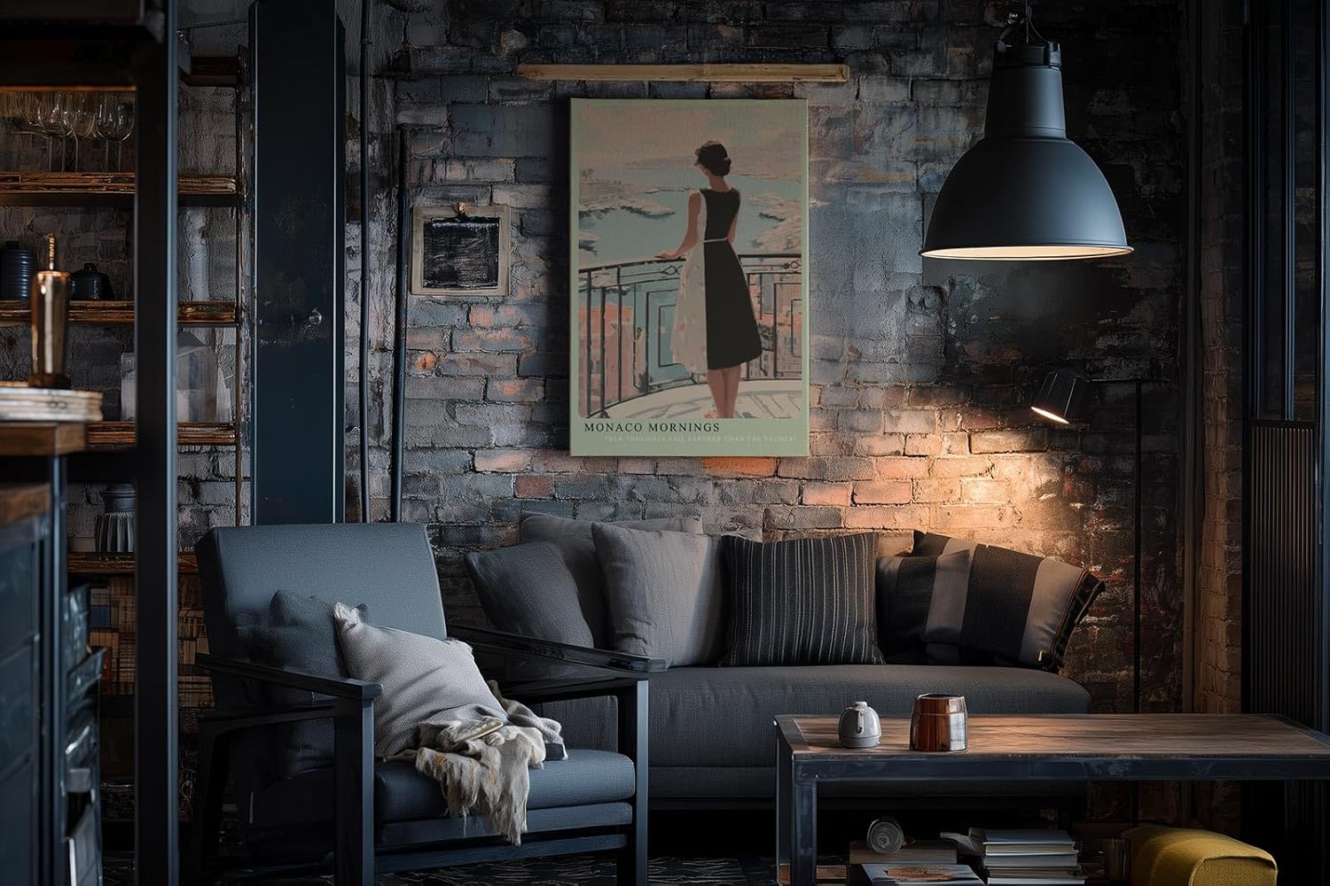 Paul Sinus Wandbild in 40x60cm Monaco Mornings – Elegantes Porträt einer Frau auf einem Balkon mit Blick auf den Hafen von Monaco, moderne Bilder in warmen Pastelltönen