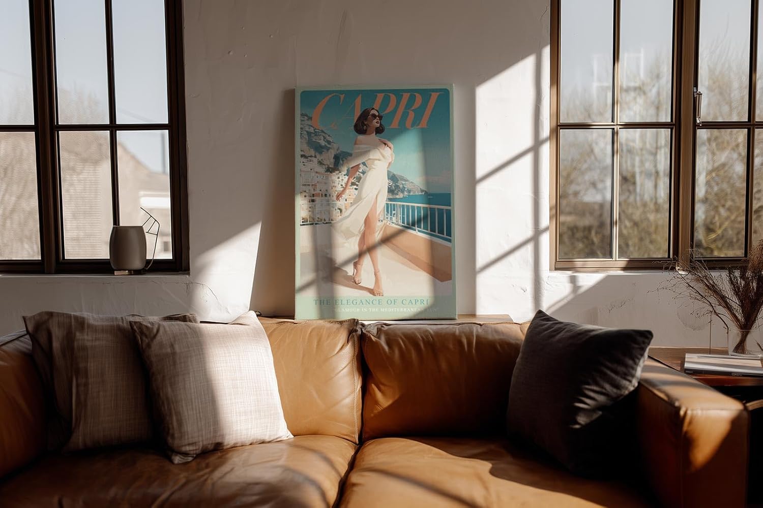 Paul Sinus Wandbild in 40x60cm Capri Küstenidylle mit eleganter Frau im weißen Kleid mediterrane Kunst auf Leinwand