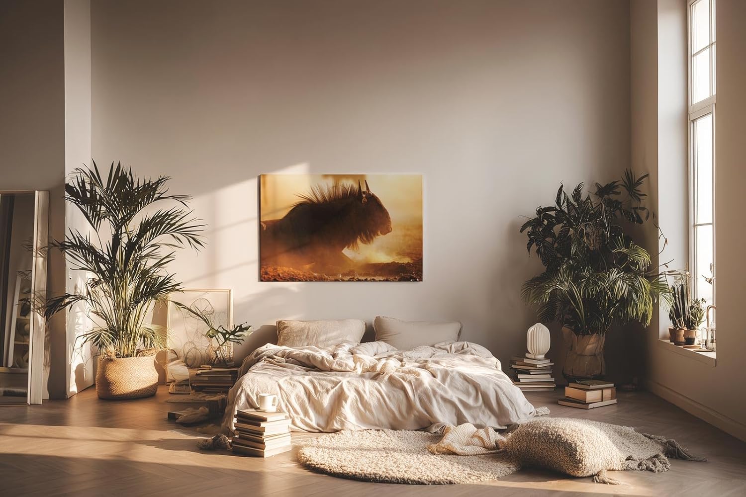 Sinus Art Wandbild 120x80cm Eindrucksvolle Tieraufnahme mit staubigem Lichtspiel und natürlicher Wildnis-Atmosphäre