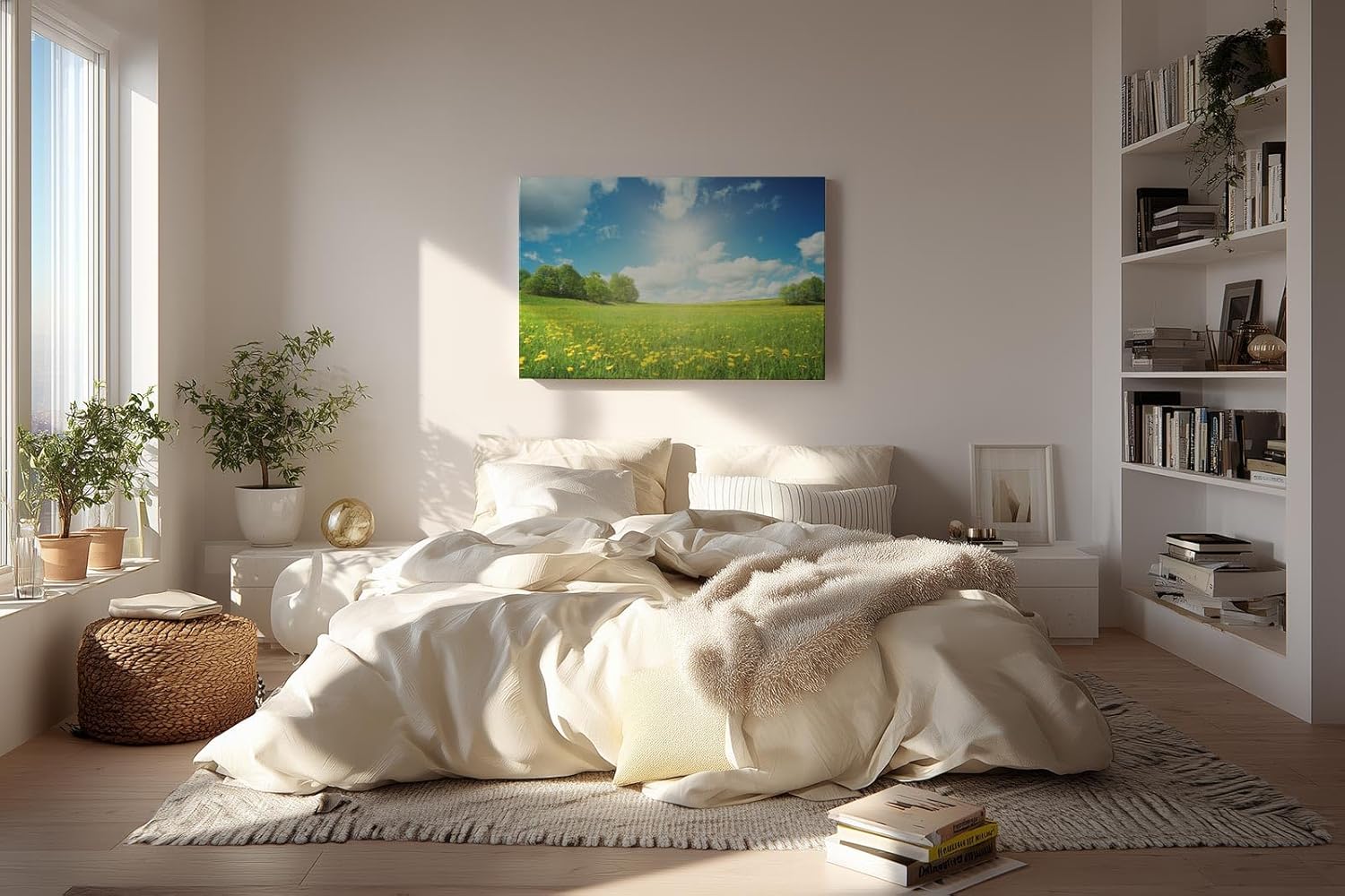 Sinus Art Wandbild 120x80cm Weite Frühlingswiese mit gelben Blüten und strahlendem Himmel für fröhliche Atmosphäre