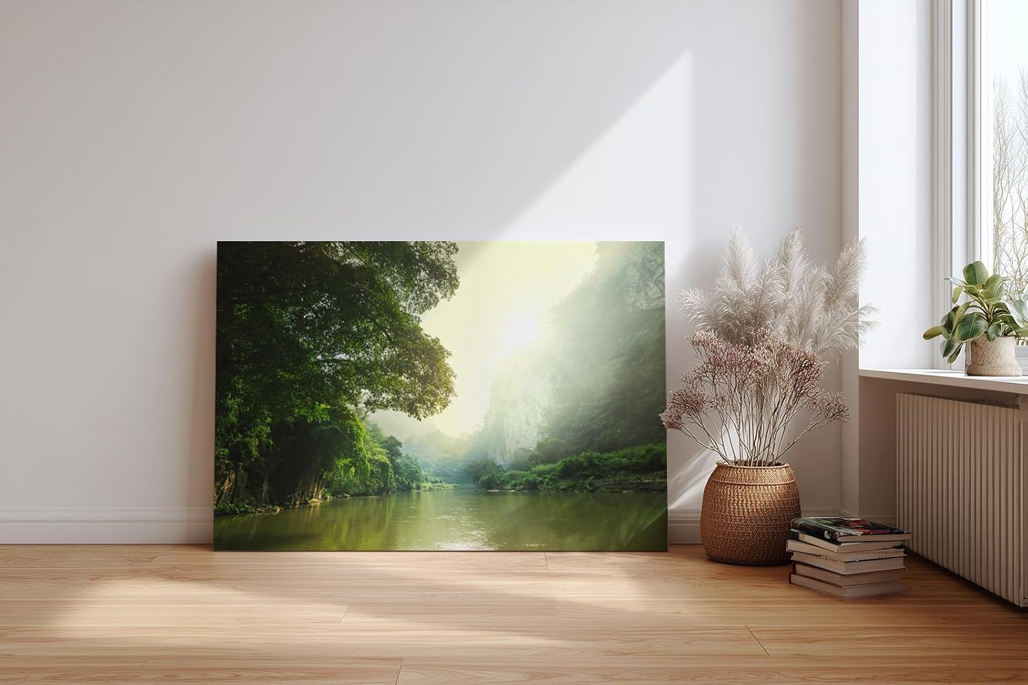 Sinus Art Wandbild 120x80cm Stimmungsvoller Flusslauf im Tal mit Sonnenaufgang und dichter Vegetation