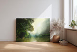 Sinus Art Wandbild 120x80cm Stimmungsvoller Flusslauf im Tal mit Sonnenaufgang und dichter Vegetation