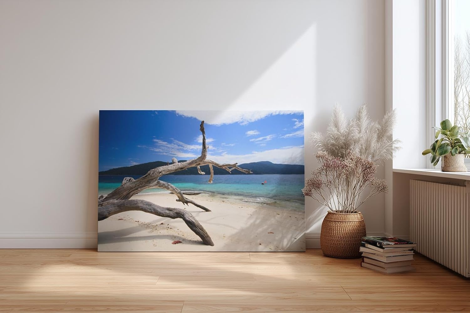 Sinus Art Wandbild 120x80cm Faszinierendes Motiv mit Treibholz am weißen Sandstrand vor türkisfarbenem Meer