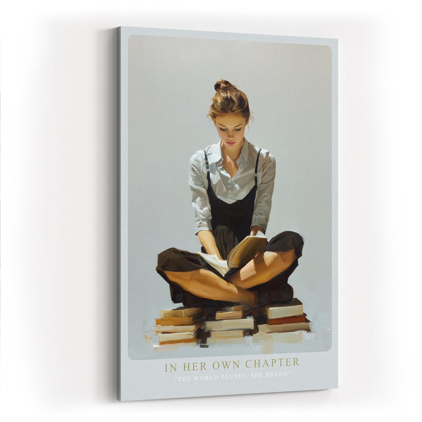 Paul Sinus Wandbild in 40x60cm In Her Own Chapter – Ausdrucksstarkes Porträt einer jungen Frau, auf Bücherstapeln sitzend und lesend, moderne Bilder mit klaren Linien und warmen Akzenten