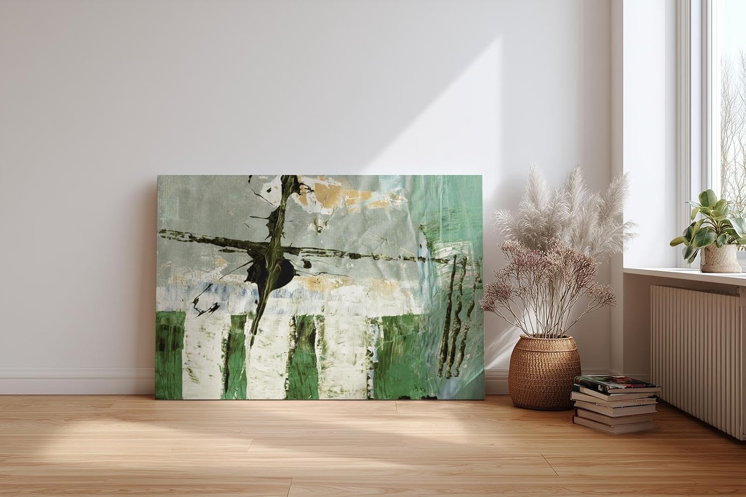 Sinus Art Wandbild 120x80cm Grüne und weiße Pinselstrukturen mit vertikalen Elementen und abstrakten Flächen