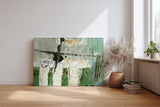 Sinus Art Wandbild 120x80cm Grüne und weiße Pinselstrukturen mit vertikalen Elementen und abstrakten Flächen