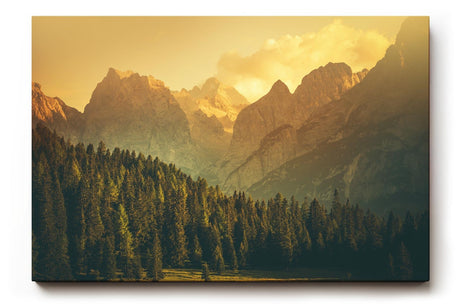Sinus Art Wandbild 120x80cm Goldenes Abendlicht taucht die Berge und Wälder in sanfte, beruhigende Töne