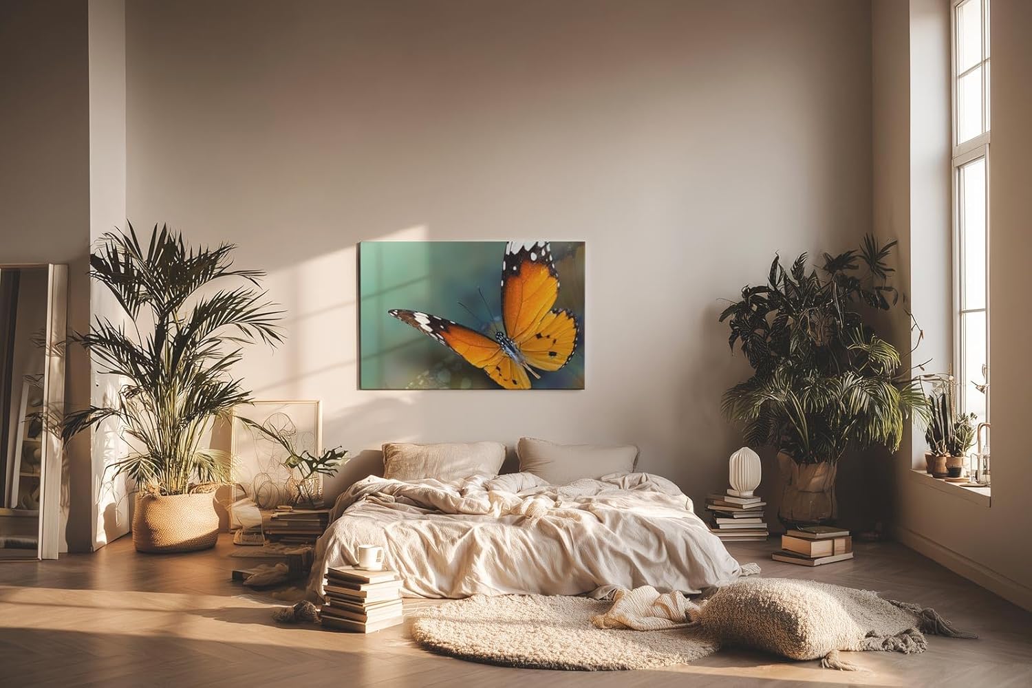 Sinus Art Wandbild 120x80cm Detaillierte Nahaufnahme eines orangefarbenen Schmetterlings mit harmonischer Komposition