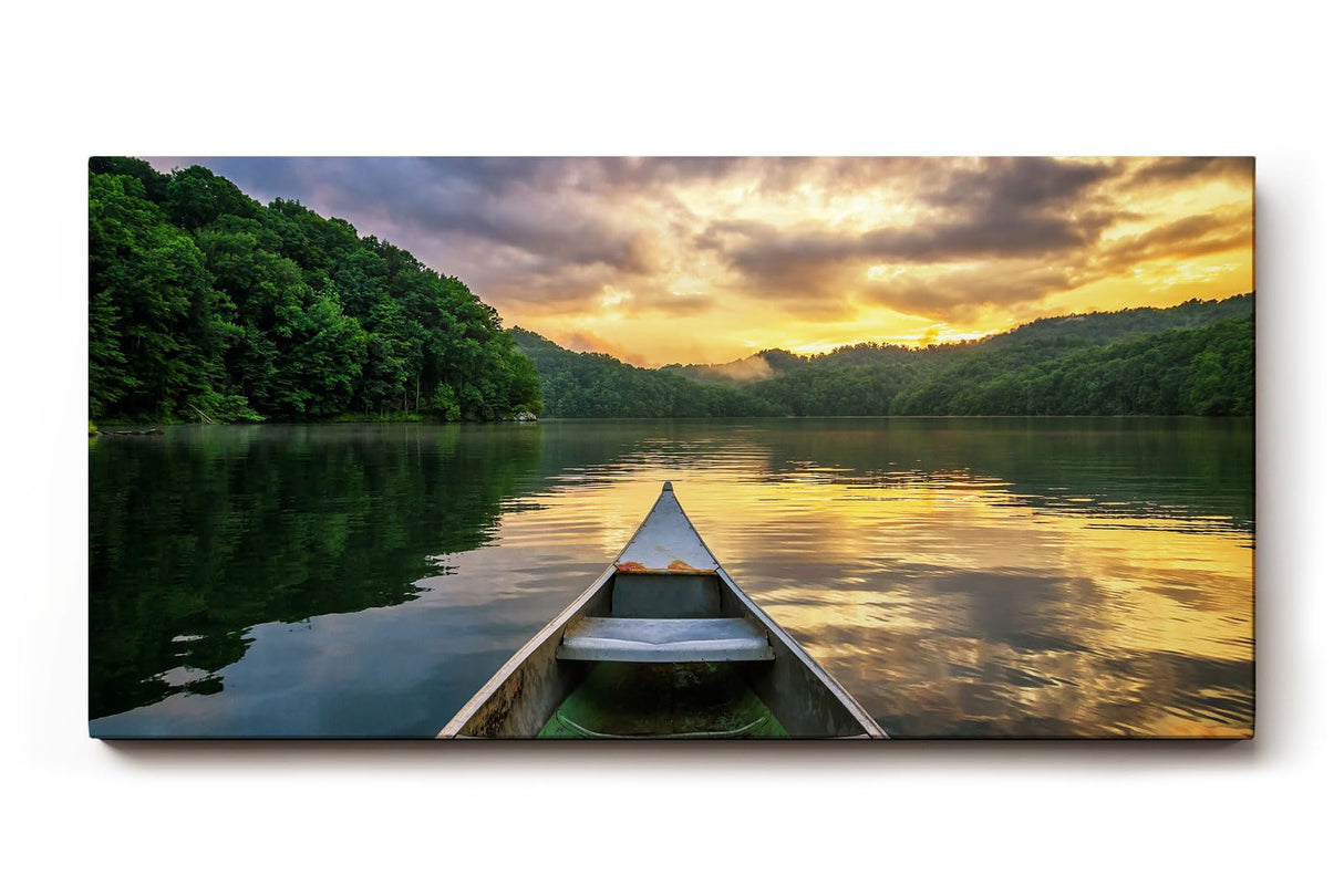 Sinus Art Wandbild 120x80cm Blick vom Boot auf stillen See im Abendlicht – meditativ, klar und inspirierend