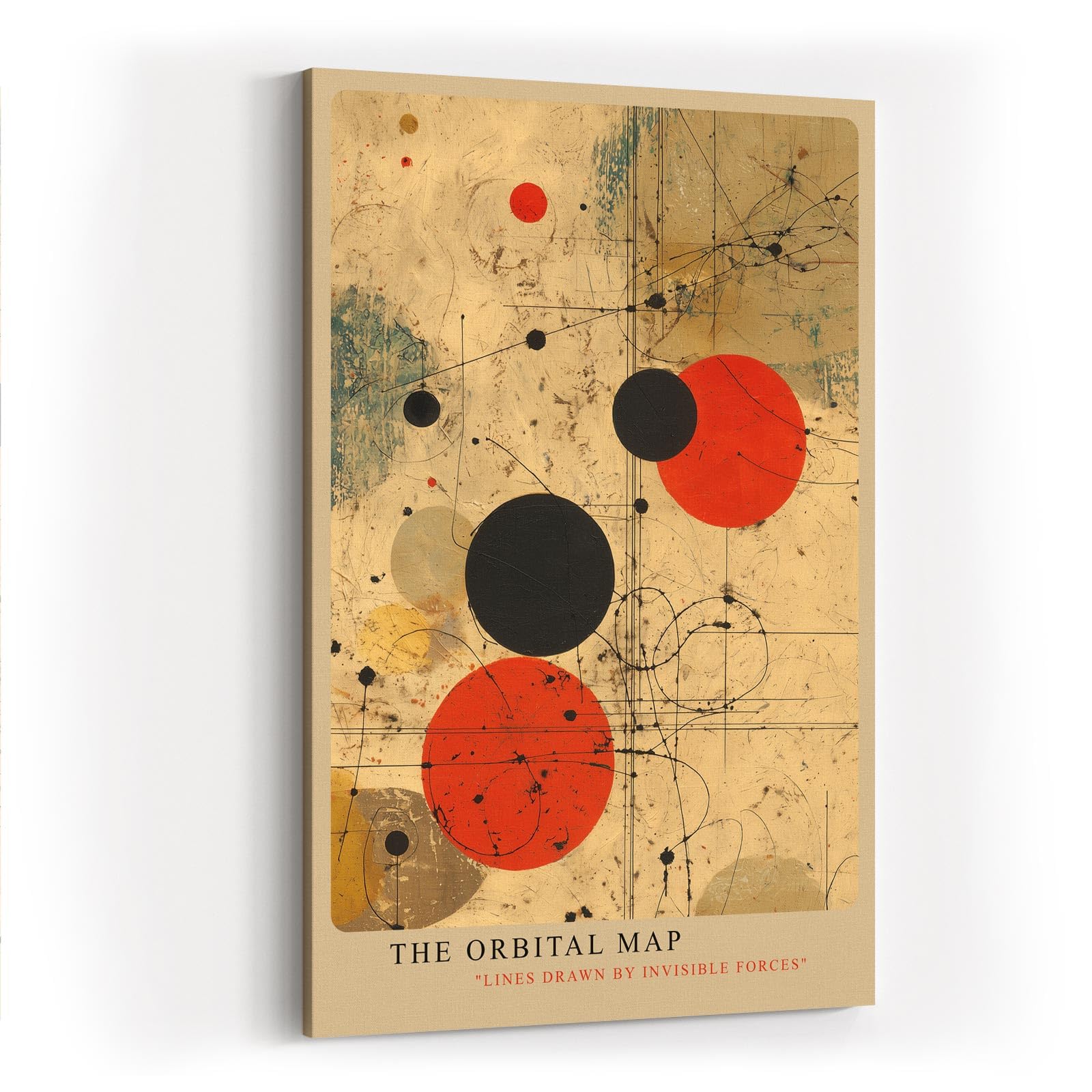 Paul Sinus Wandbild in 40x60cm The Orbital Map – Abstraktes Spiel aus roten und schwarzen Kreisen auf beigem Hintergrund mit feinen Linien wie unsichtbare Kräfte