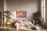Sinus Art Wandbild 120x80cm Märchenhafter Weg unter rosa Blütenbäumen mit Perspektive und Tiefe