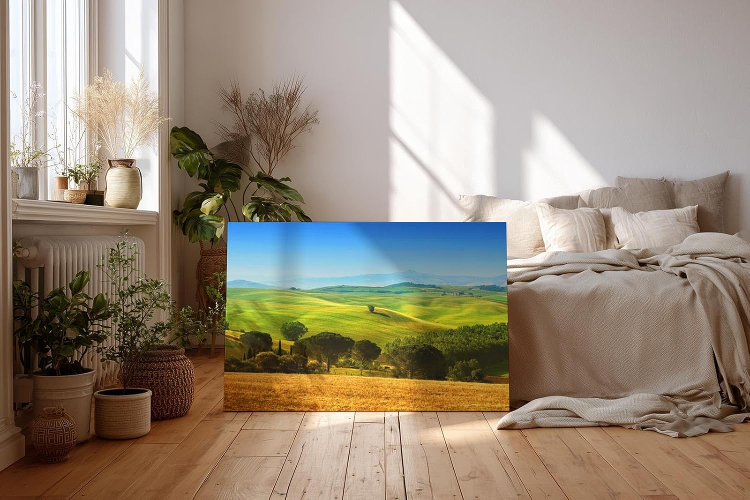 Sinus Art Wandbild 120x80cm Sanfte Hügel der Toskana mit Zypressen und Feldern unter strahlend blauem Himmel