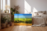 Sinus Art Wandbild 120x80cm Sanfte Hügel der Toskana mit Zypressen und Feldern unter strahlend blauem Himmel