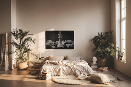 Sinus Art Wandbild 120x80cm Darstellung einer Schachkönigin umgeben von geschlagenen Figuren als Zeichen der Stärke