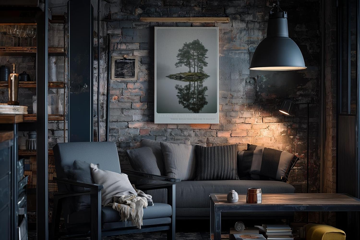 Paul Sinus Wandbild in 40x60cm Island of Stillness – Nebelige Seeinsel mit Baumgruppe, ruhiges Naturmotiv in sanften Grautönen und Spiegelung im Wasser