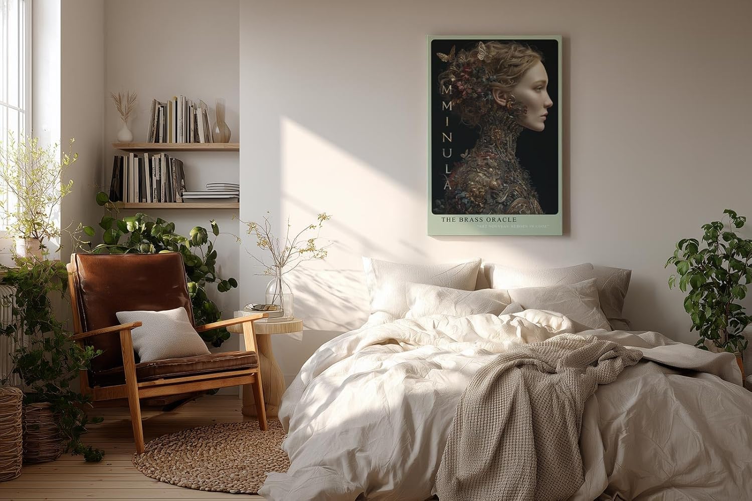 Paul Sinus Wandbild in 40x60cm The Brass Oracle Porträt einer Frau mit kunstvollen mechanischen Ornamenten und floralen Details in Gold und Messing