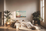 Sinus Art Wandbild 120x80cm Farbige Boote auf Sandstrand mit Palmen und tropischem Himmel im nostalgischen Stil