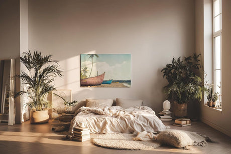 Sinus Art Wandbild 120x80cm Farbige Boote auf Sandstrand mit Palmen und tropischem Himmel im nostalgischen Stil