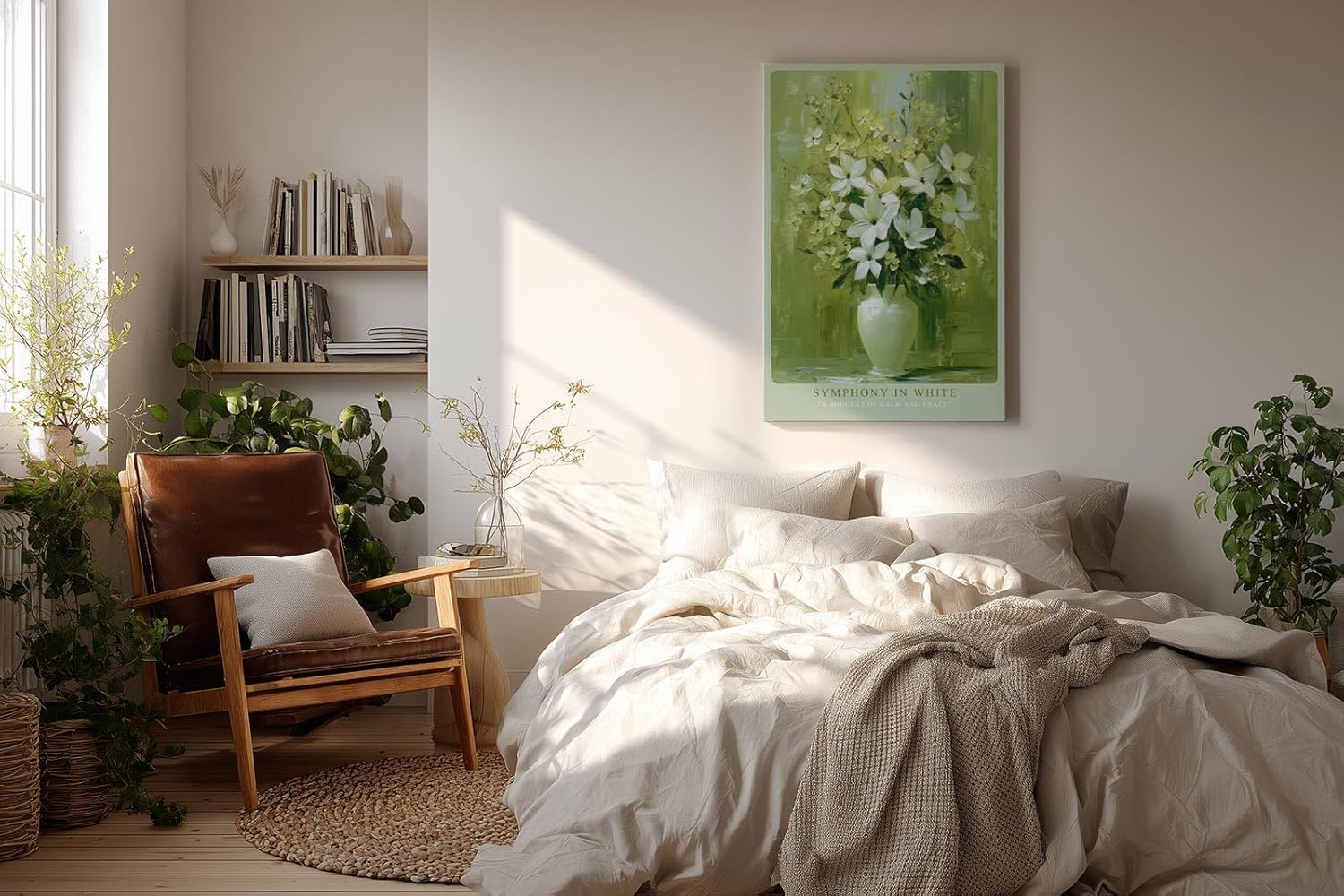 Paul Sinus Wandbild in 40x60cm Symphony in White stilvolles Stillleben mit weißen Lilien und Blüten in Vase vor grünem Hintergrund