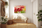 Sinus Art Wandbild 120x80cm Nahaufnahme einer roten Blüte mit glänzenden Wassertropfen – voller Frische und Dynamik