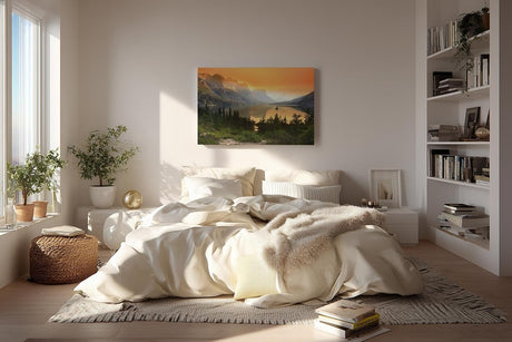 Sinus Art Wandbild 120x80cm Malerische Berglandschaft mit Sonnenuntergang und reflektierendem See
