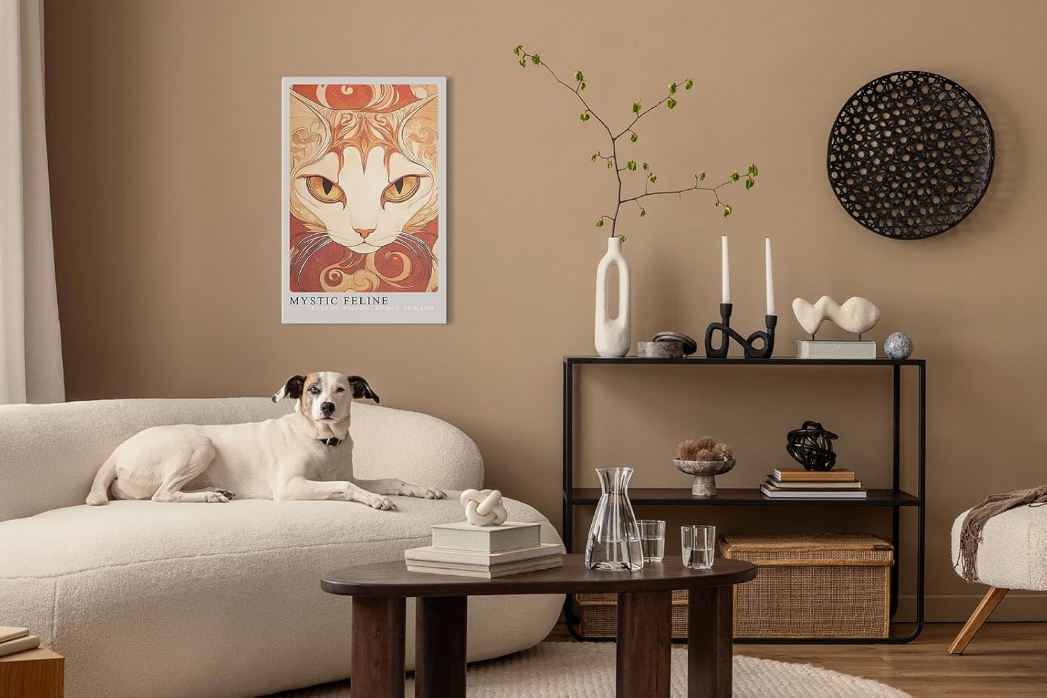 Paul Sinus Leinwandbild 80x120cm mystisches Katzenporträt mit kunstvollen Ornamenten und intensiven Augen, faszinierende Wandkunst in warmen Erdtönen