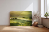 Sinus Art Wandbild 120x80cm Tief liegendes Licht über grünen Hügeln mit typischer Zypressenallee und Bauernhof
