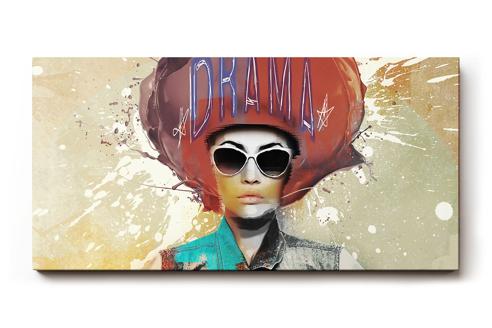 Sinus Art Wandbild 120x80cm Ausdrucksstarke Darstellung einer Frau mit auffälliger Typografie und Farbspritzern