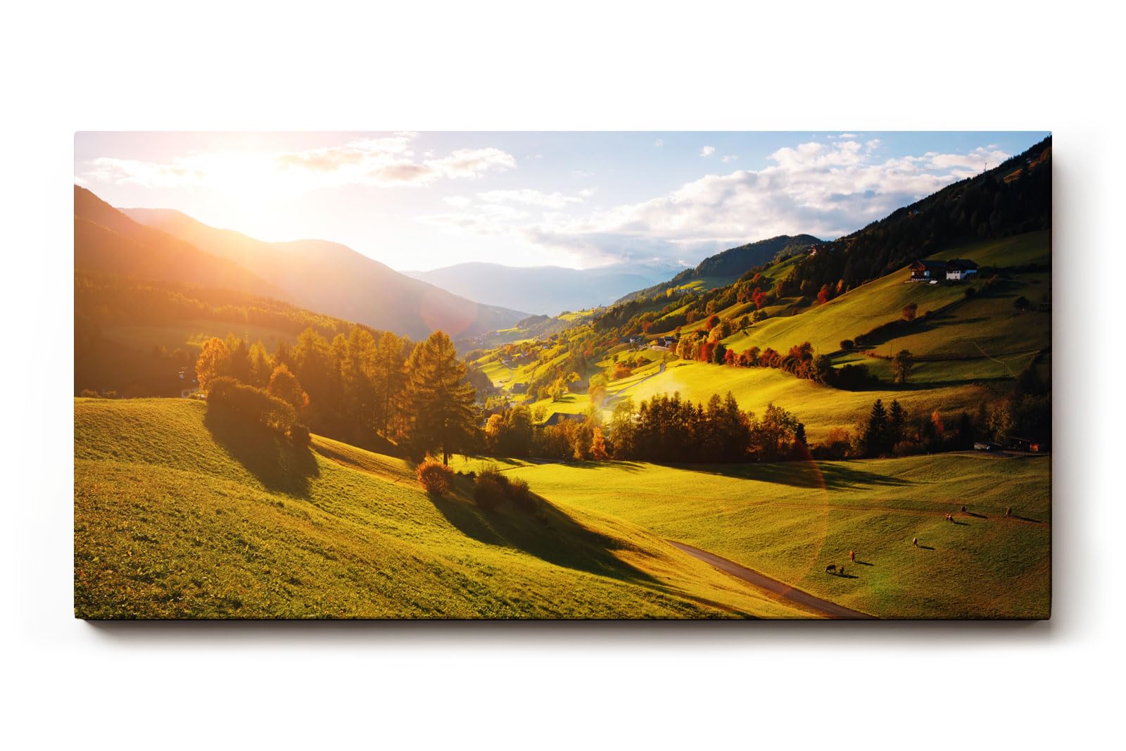 Sinus Art Wandbild 120x80cm Grüne Hügel unter strahlender Sonne mit leuchtenden Bäumen und weiter Perspektive