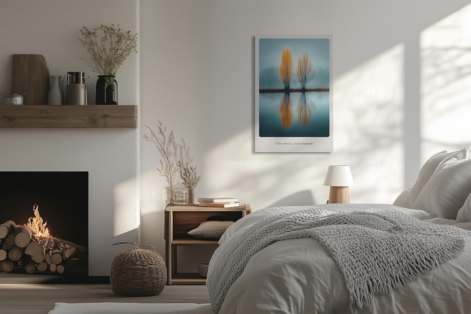 Paul Sinus Leinwandbild 40x60cm Two Souls One Mirror – Natur, Reflexion, Wasser, Bäume, Herbst, Spiegelung, Harmonie, Ruhe, Blau, Orange, Minimalismus
