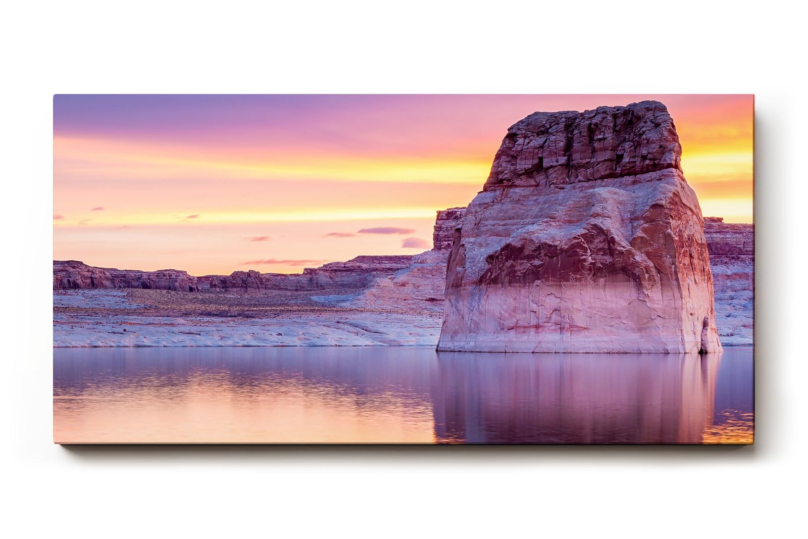 Sinus Art Wandbild 120x80cm Monolithische Felsformation spiegelt sich im ruhigen See unter farbigem Abendhimmel