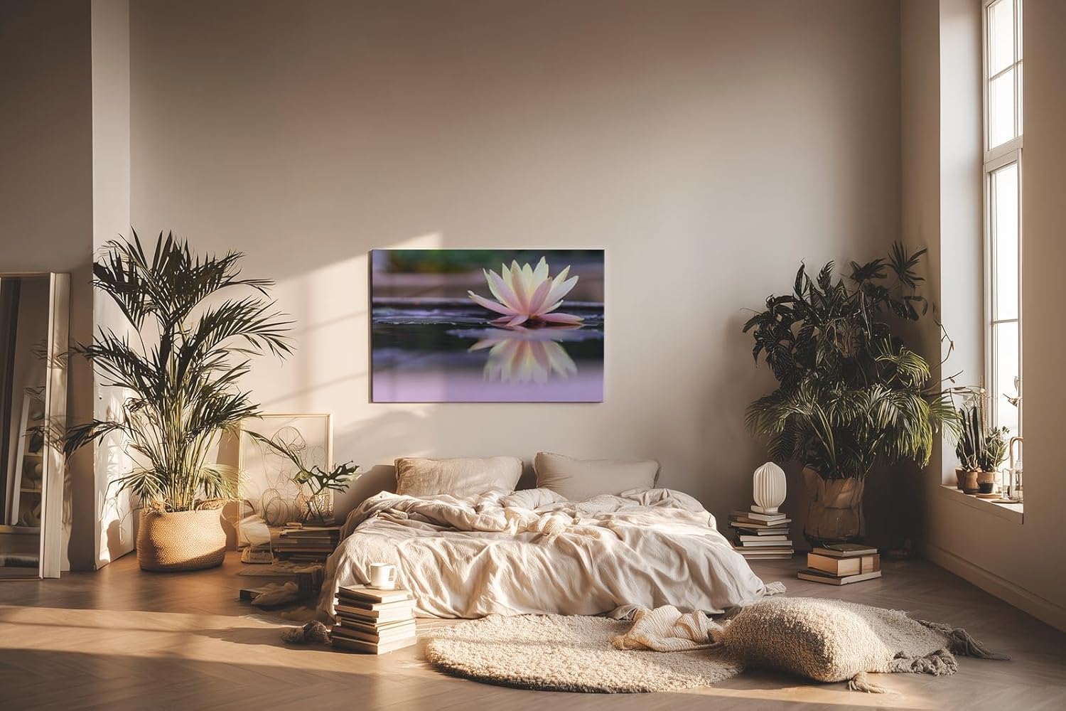 Sinus Art Wandbild 120x80cm Zartrosa Seerose auf dunklem Wasser mit Reflexion – ruhig, edel und harmonisch