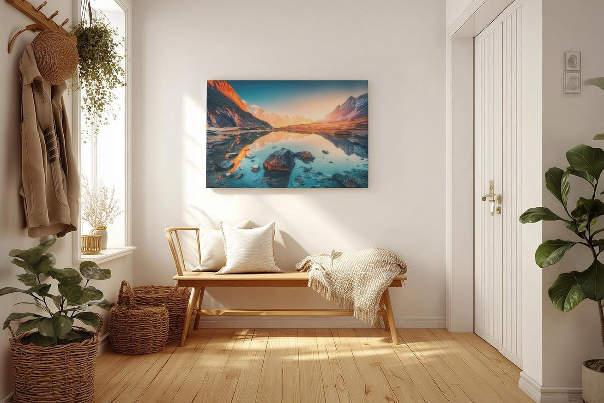 Sinus Art Wandbild 120x80cm Faszinierendes Bergpanorama mit Spiegelung im klaren Wasser bei untergehender Sonne