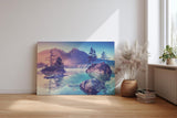 Sinus Art Wandbild 120x80cm Bergsee mit kleinen Inseln und sanfter Lichtstimmung – romantisch und naturverbunden