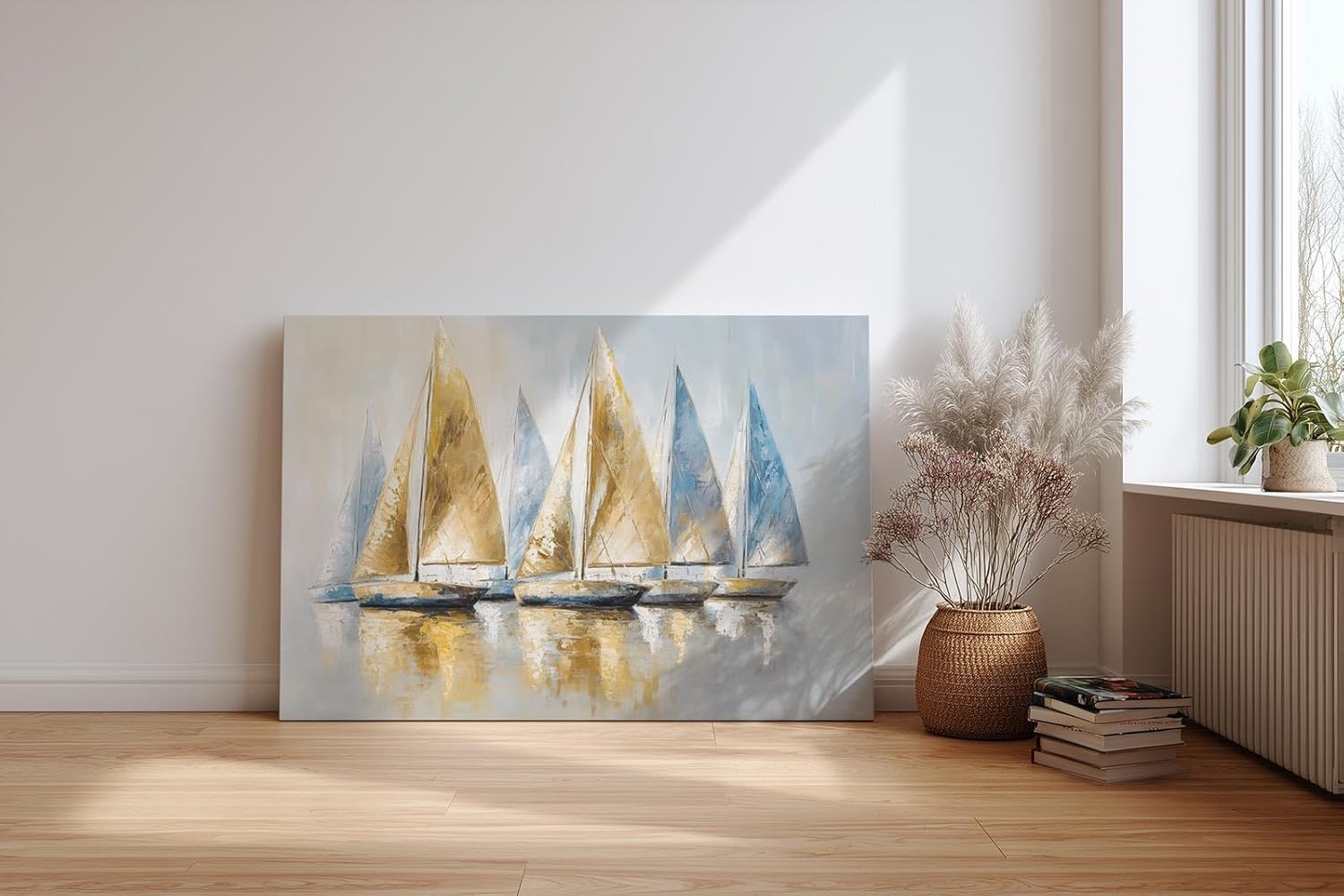 Sinus Art Wandbild 120x80cm Dynamisches Motiv mit sieben Segelbooten in Blau und Goldtönen – stilvoll und maritim zugleich