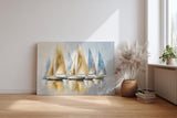 Sinus Art Wandbild 120x80cm Dynamisches Motiv mit sieben Segelbooten in Blau und Goldtönen – stilvoll und maritim zugleich
