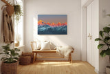 Sinus Art Wandbild 120x80cm Leuchtend rote Bergspitzen im ersten Sonnenlicht mit kühler Schneelandschaft