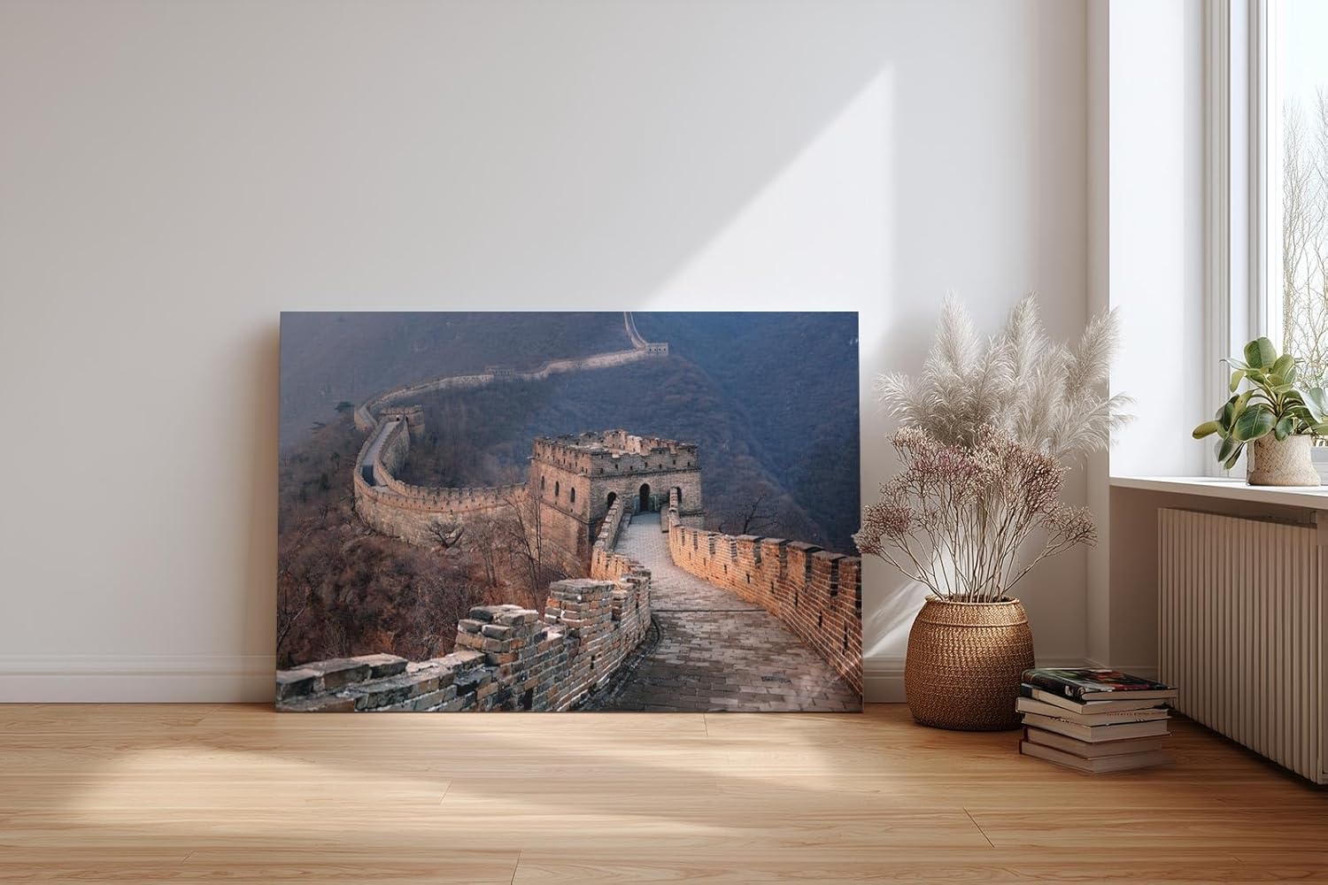 Sinus Art Wandbild 120x80cm Verlaufende Mauerzüge durch hügelige Landschaft in weichem Licht