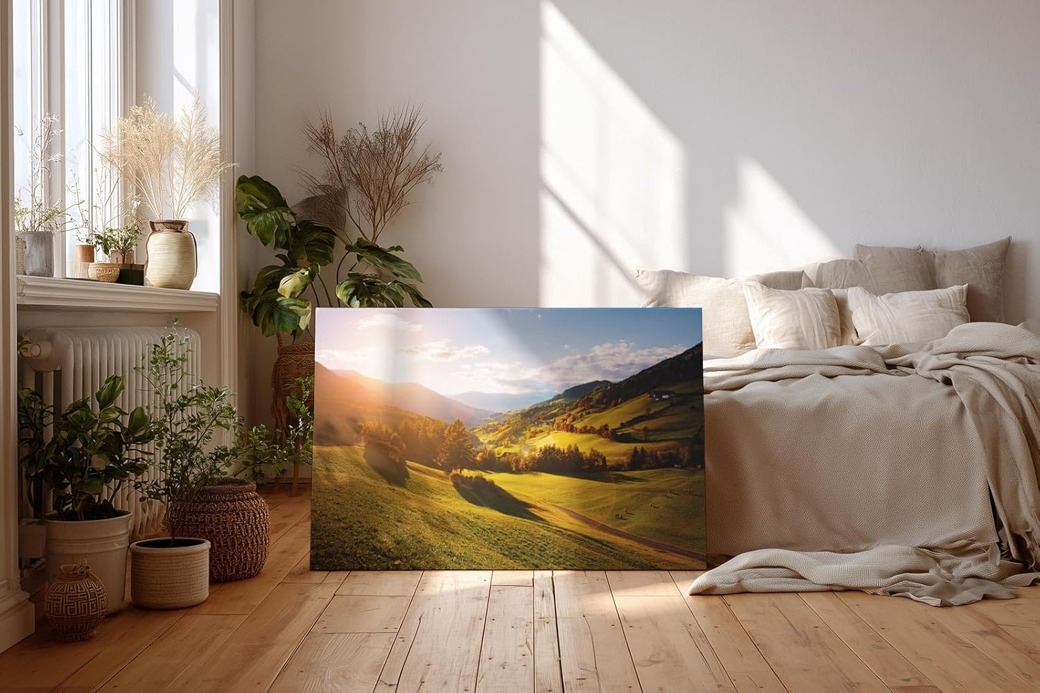 Sinus Art Wandbild 120x80cm Grüne Hügel unter strahlender Sonne mit leuchtenden Bäumen und weiter Perspektive