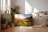 Sinus Art Wandbild 120x80cm Grüne Hügel unter strahlender Sonne mit leuchtenden Bäumen und weiter Perspektive