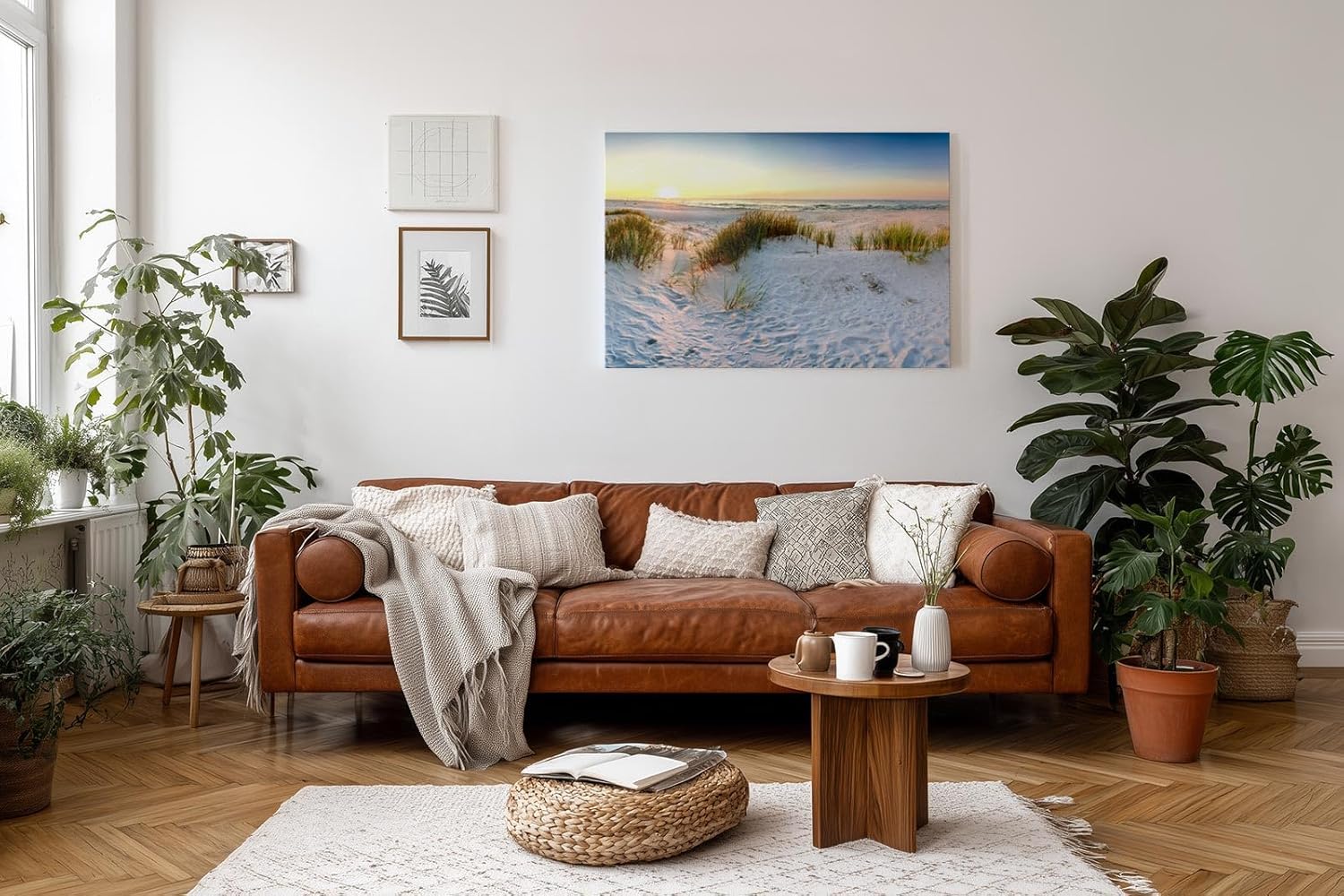 Sinus Art Wandbild 120x80cm Weiße Dünen mit Gräsern bei sanftem Sonnenlicht für beruhigende Raumwirkung