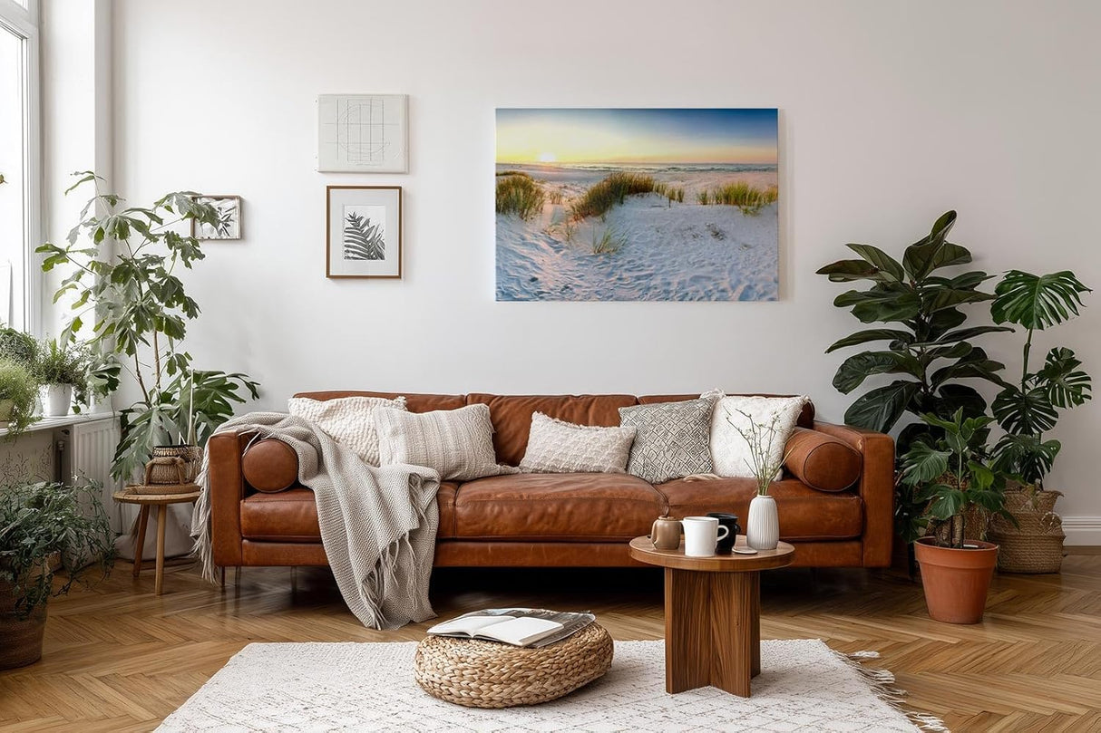 Sinus Art Wandbild 120x80cm Weiße Dünen mit Gräsern bei sanftem Sonnenlicht für beruhigende Raumwirkung