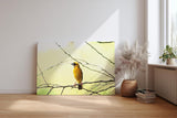 Sinus Art Wandbild 120x80cm Minimalistisches Vogelmotiv mit gelbem Farbakzent auf hellem Hintergrund für moderne Räume