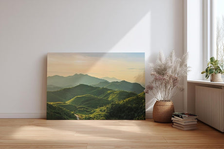 Sinus Art Wandbild 120x80cm Sanftes Hügelland mit Lichtstimmung für beruhigende und naturnahe Raumwirkung