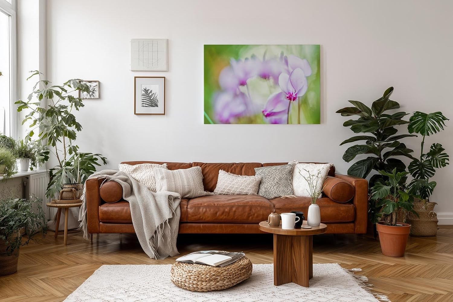 Sinus Art Wandbild 120x80cm Filigrane Cyclamenblüten in Rosa und Flieder vor weichem grünem Hintergrund