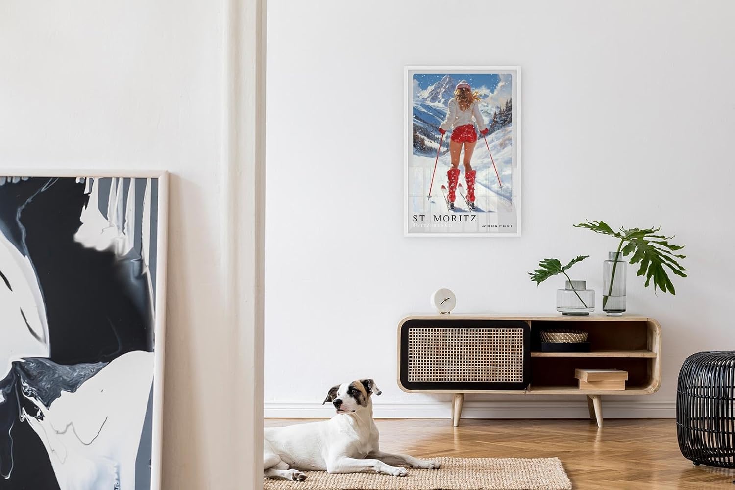 Paul Sinus Leinwandbild 60x90cm Leinwandbild St. Moritz Skifahren Winterzauber Alpen stilvolle Eleganz sportliche Ästhetik luxuriöser Lifestyle Retro