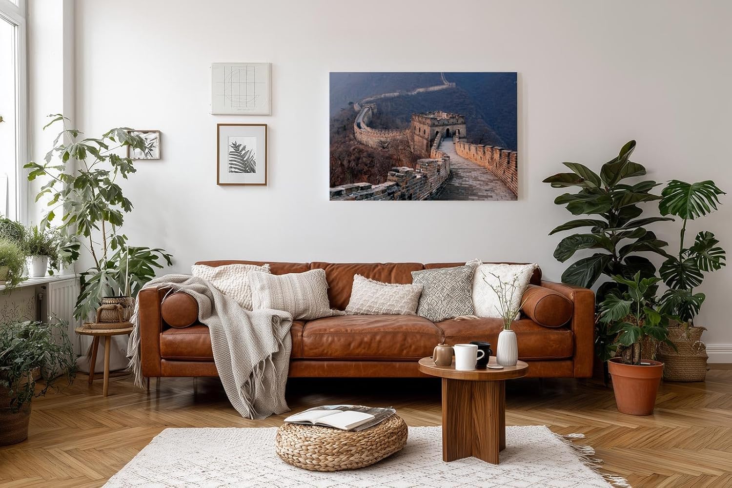 Sinus Art Wandbild 120x80cm Verlaufende Mauerzüge durch hügelige Landschaft in weichem Licht
